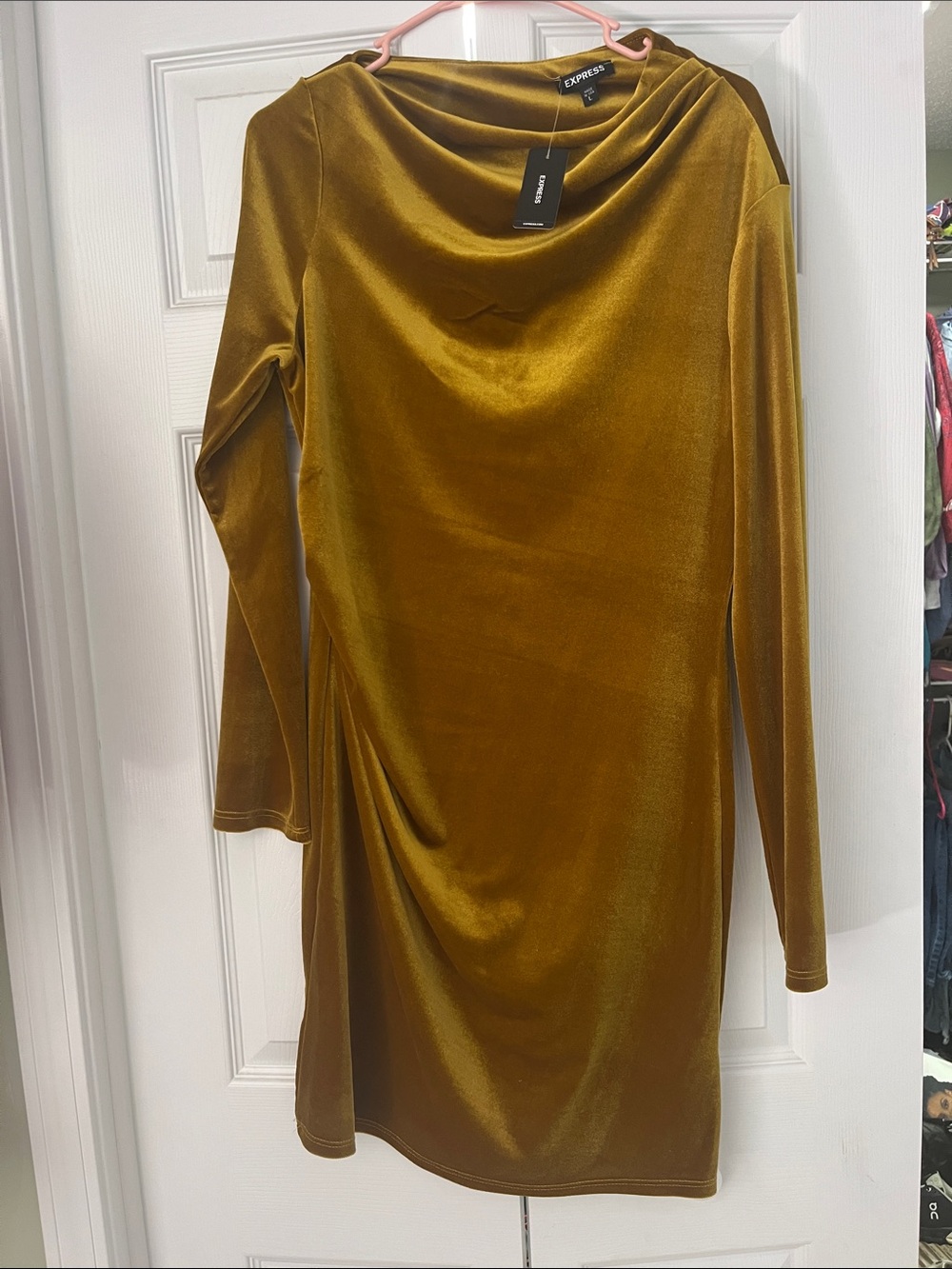 Express Women's Long-Sleeve Velvet Drape Dress in Mustard